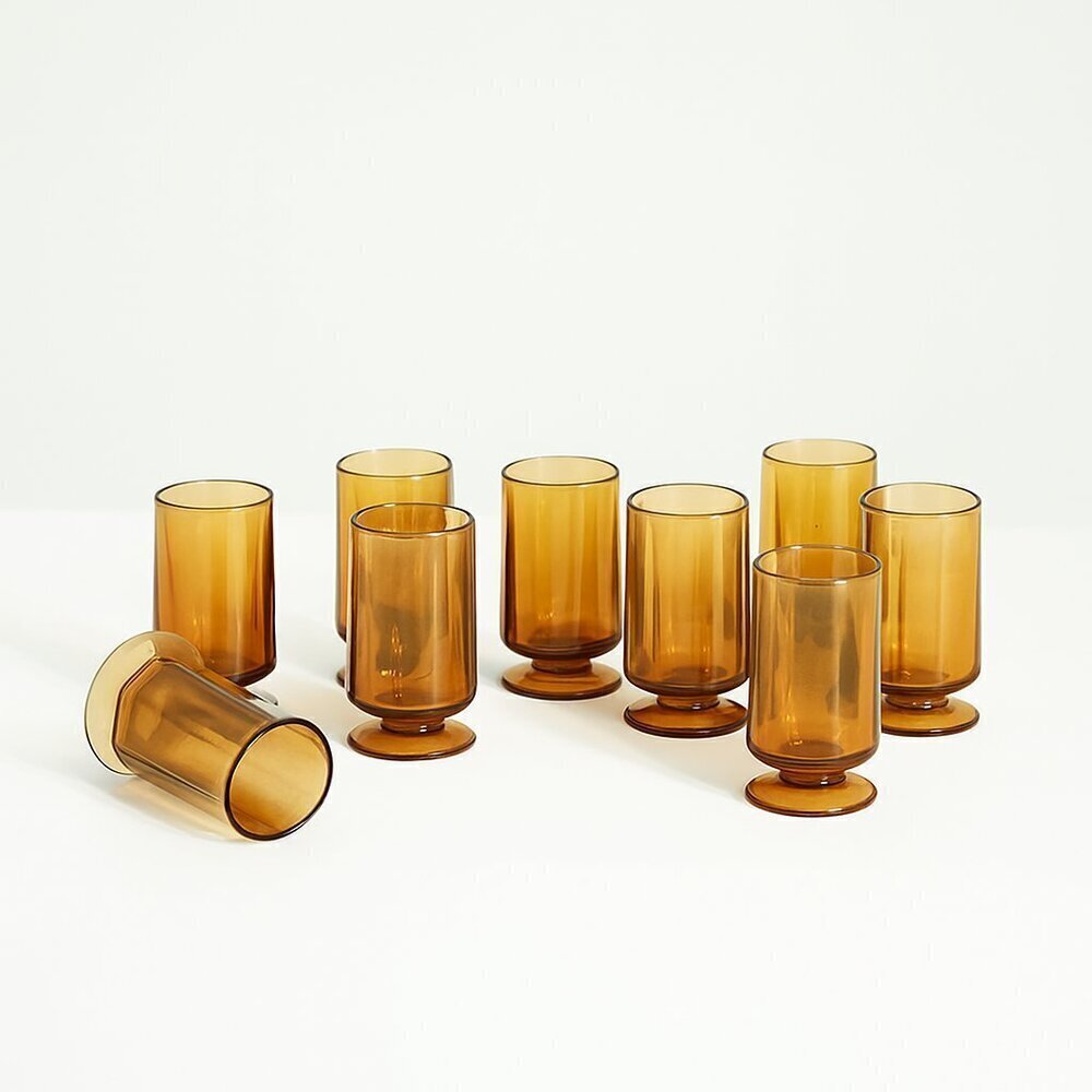 Indiana Glass Amber Vertical Ribbed Footed Tumblers Set of 8 Vintage MCM Retro